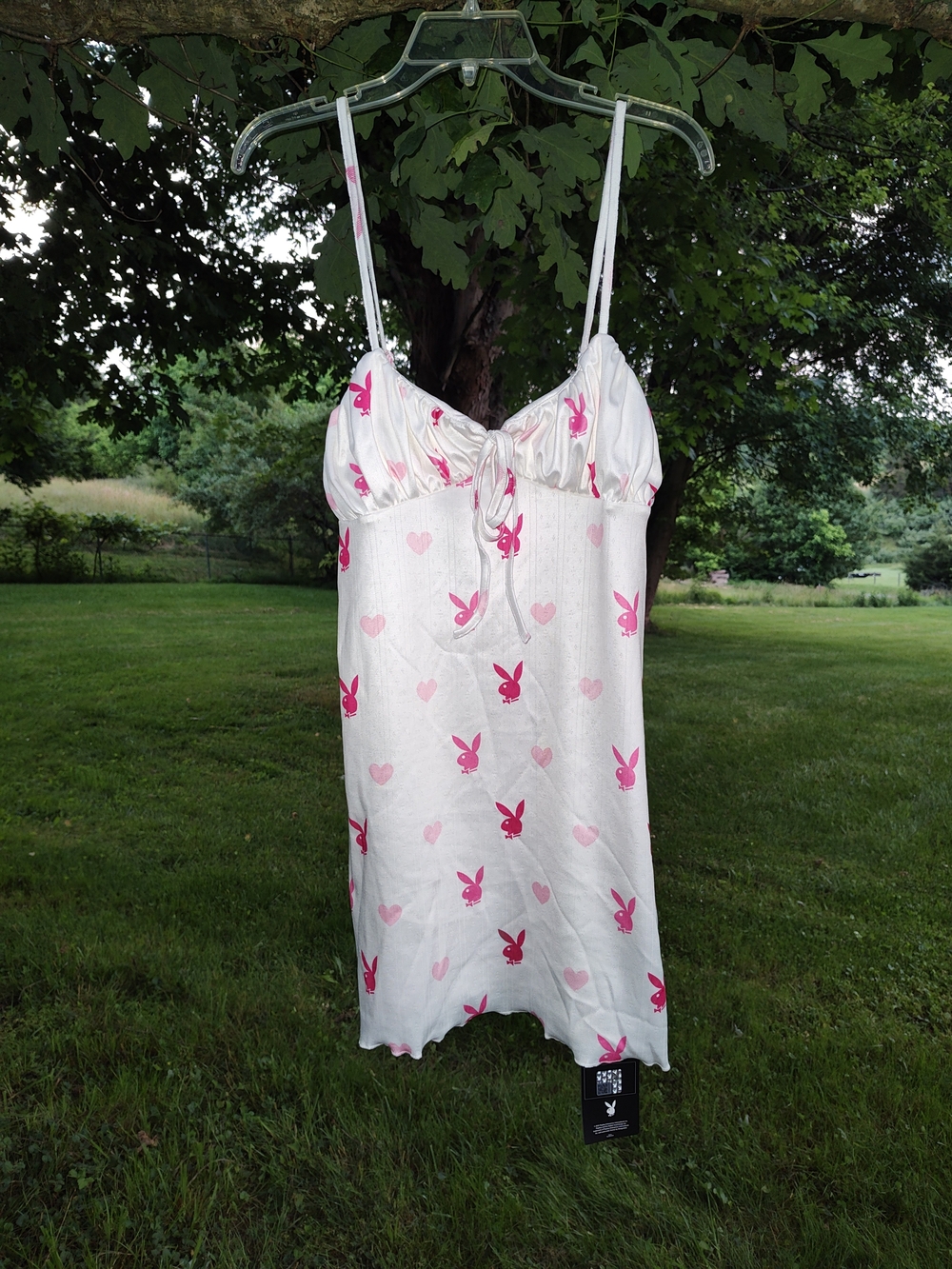 Playboy Pink Bunny Print Satin Dress- White/Pink
